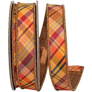 1" Tierra Tonal Diagonal Plaid Fused Metallic Backed Wired Edge Ribbon
