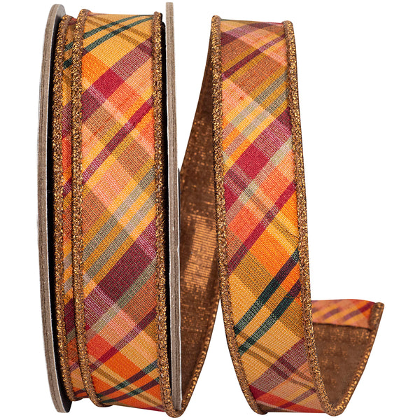 1" Tierra Tonal Diagonal Plaid Fused Metallic Backed Wired Edge Ribbon