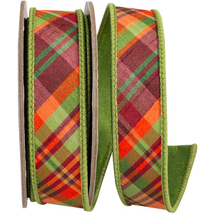 1" Plaid Tierra Sage Diagonal Fused Dupioni Backed Wired Edge Ribbon