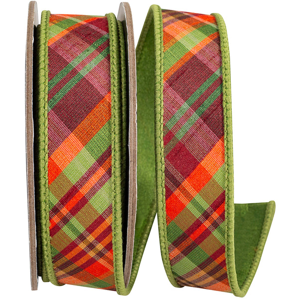 1" Plaid Tierra Sage Diagonal Fused Dupioni Backed Wired Edge Ribbon