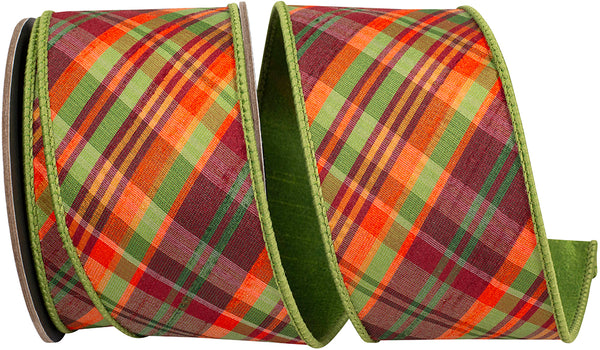2.5" Plaid Tierra Sage Diagonal Fused Dupioni Backed Wired Edge Ribbon