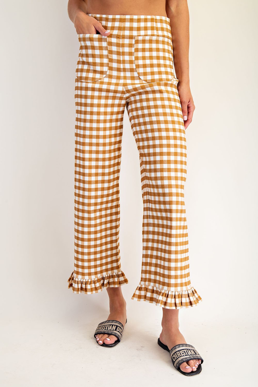 Gingham Ruffle Trim Straight Leg Pants