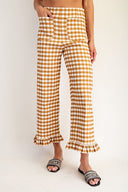 Gingham Ruffle Trim Straight Leg Pants