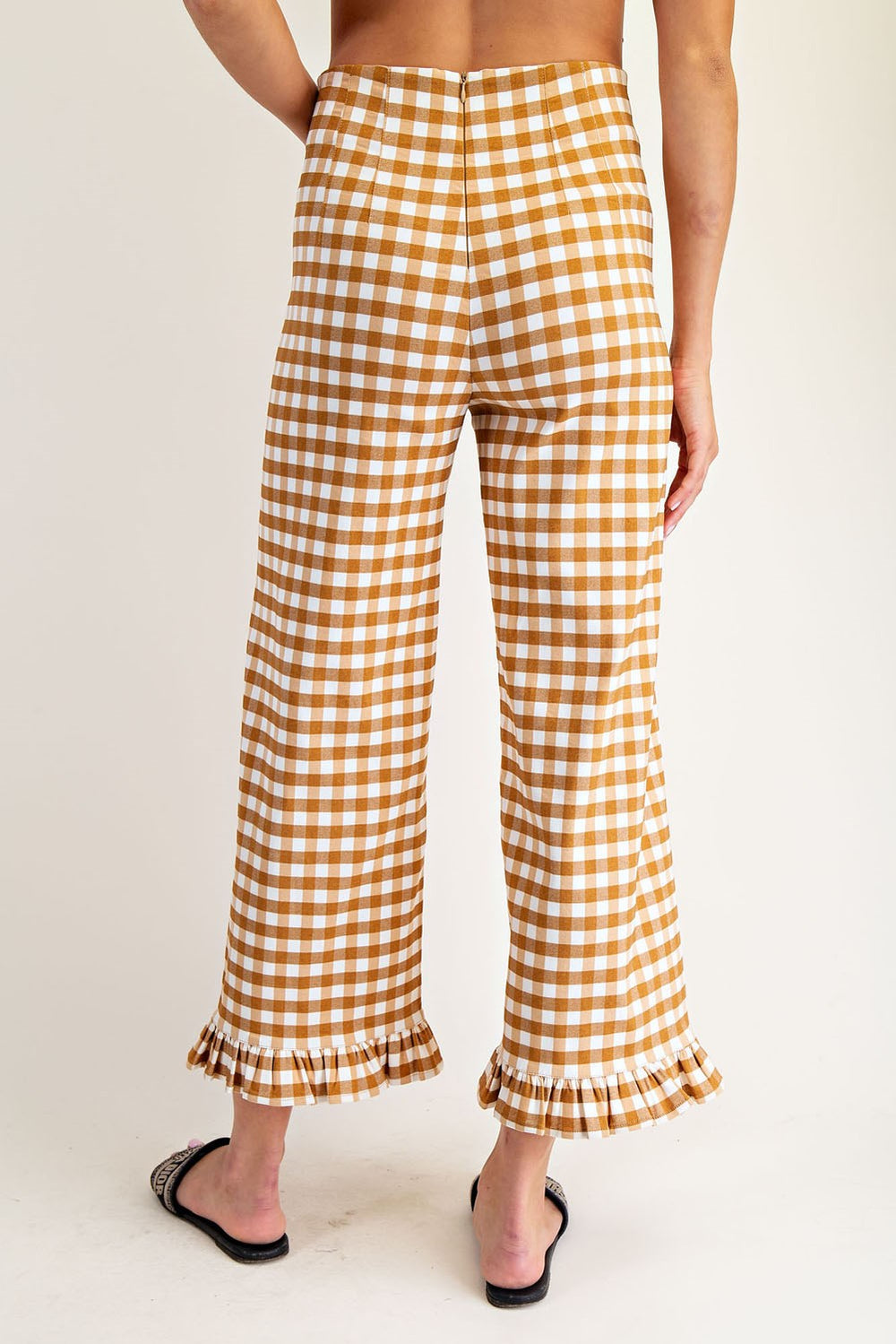 Gingham Ruffle Trim Straight Leg Pants