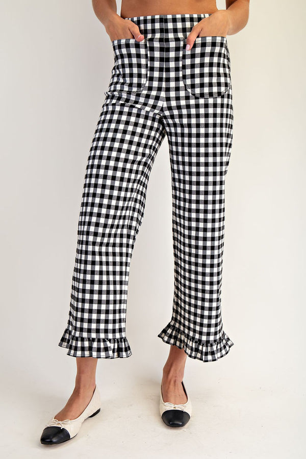 Gingham Ruffle Trim Straight Leg Pants