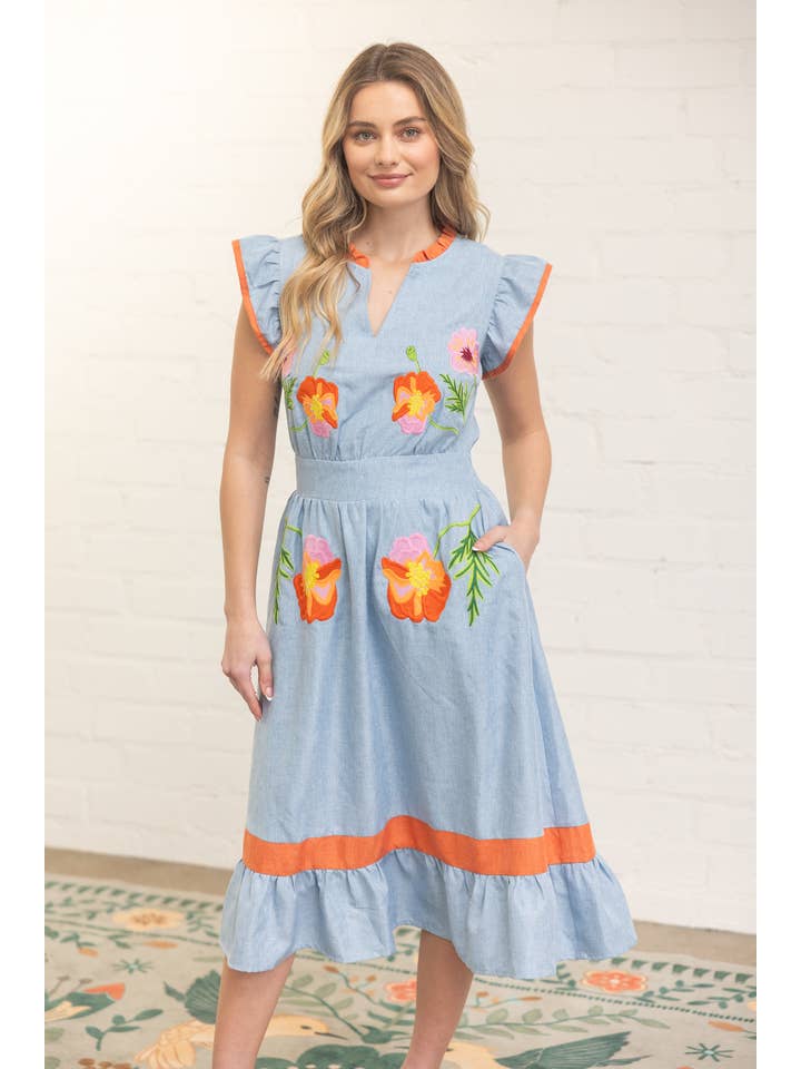 Ruffle Detailed Floral Embroidery Midi Dress