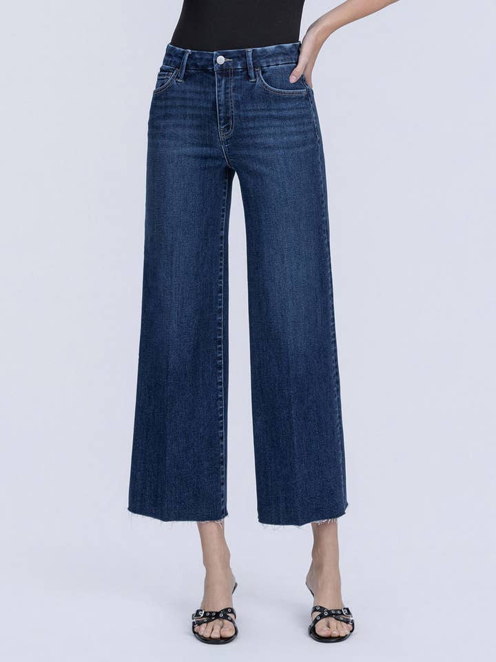High Rise Trouser Fold Crease Crop Wide Leg Jeans