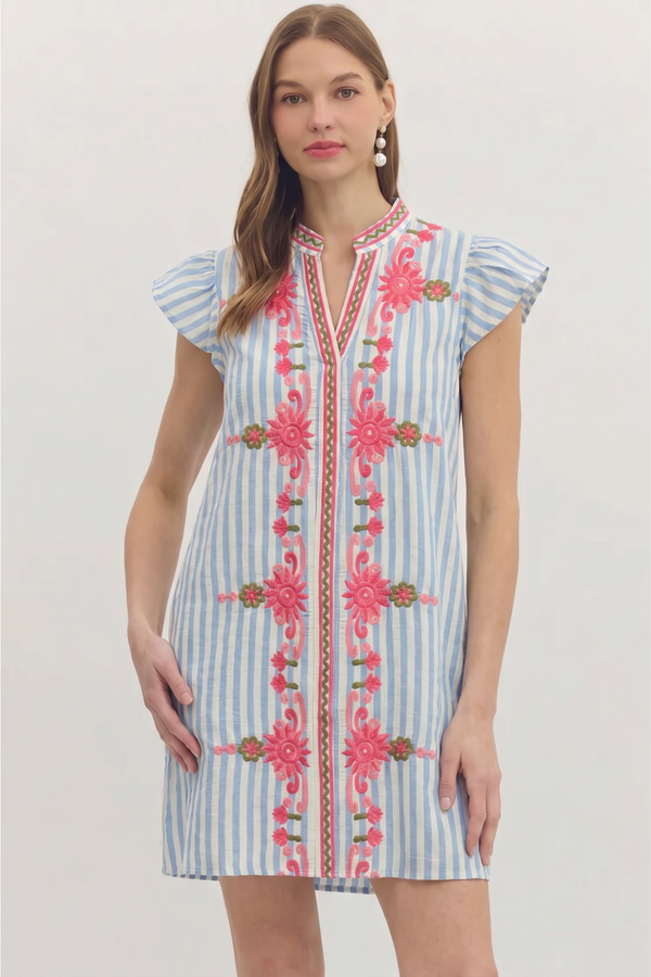 Flutter Sleeve Floral Embroidery Detail Dress