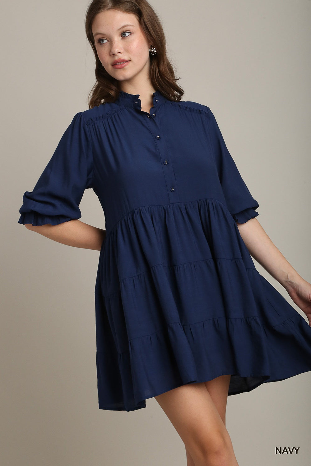Tiered Puff Sleeve Button-Front Mini Dress