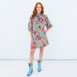 Caryn Lawn Ryan Bow Dress Khaki Floral