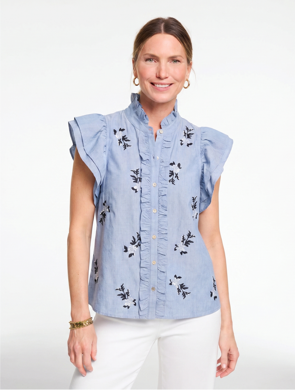 Denim Ruffle Embroidered Top