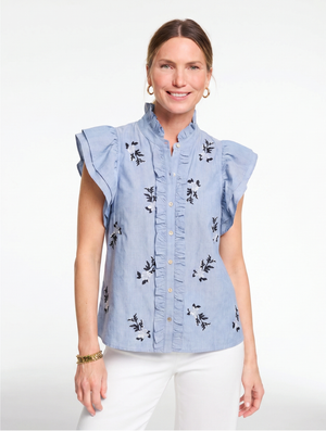 Denim Ruffle Embroidered Top