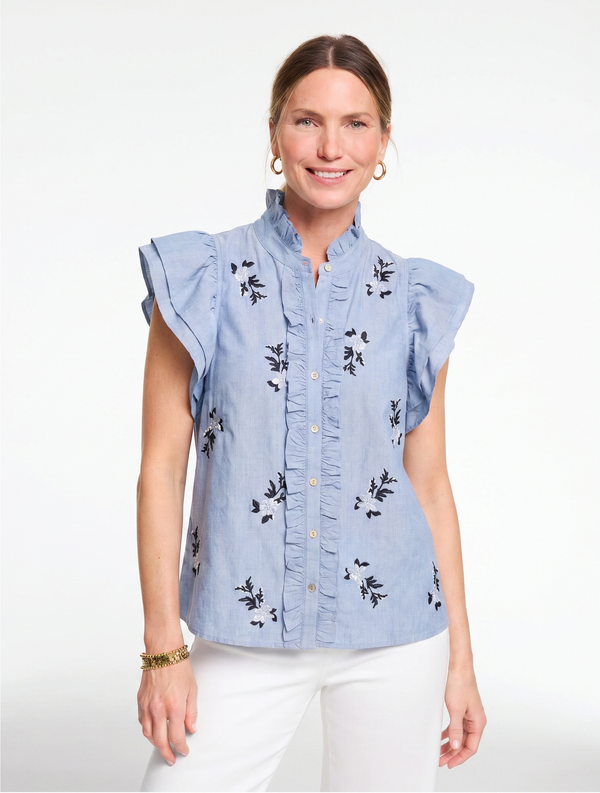 Denim Ruffle Embroidered Top