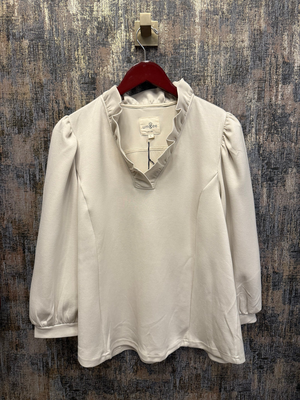 Luxeknit Ruffle Neck Blouse with Puff Sleeves