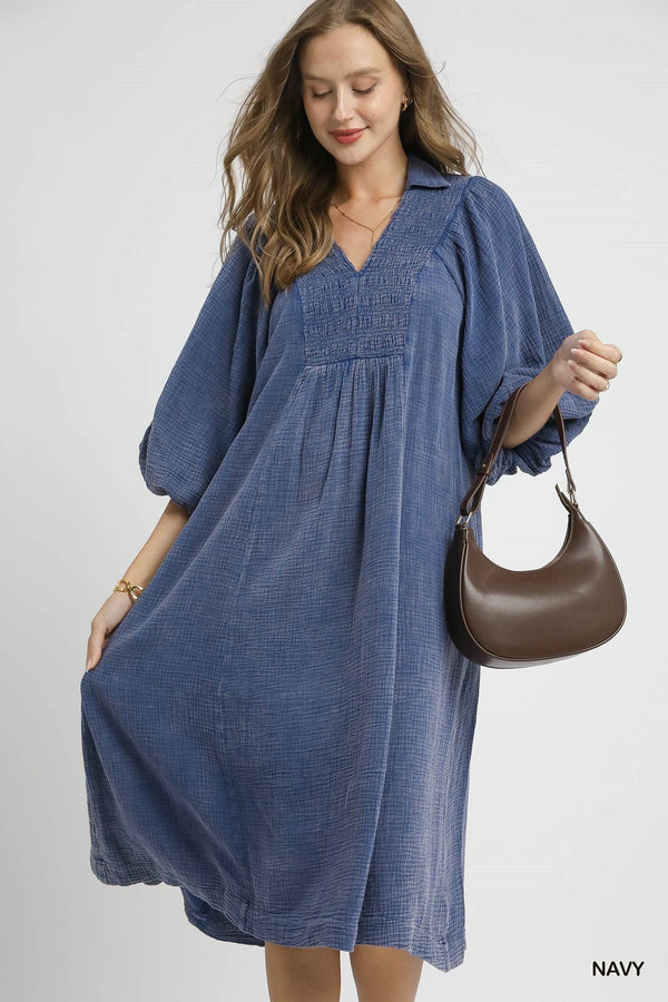 Smocked Mineral Wash Midi Dress