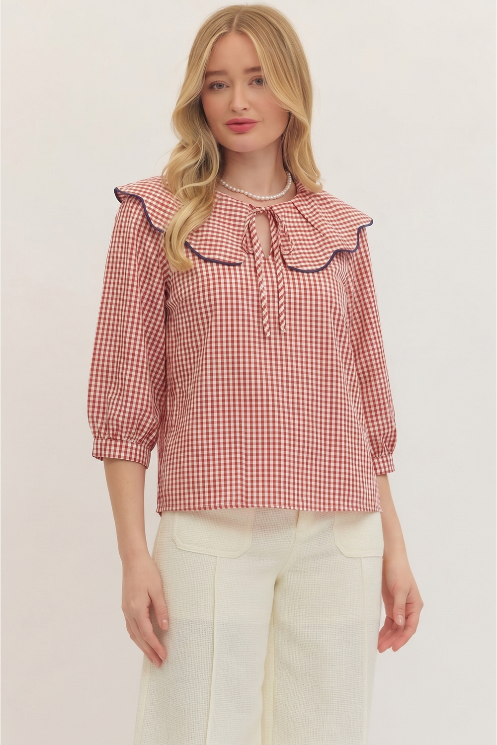 Wide Collar Gingham Top