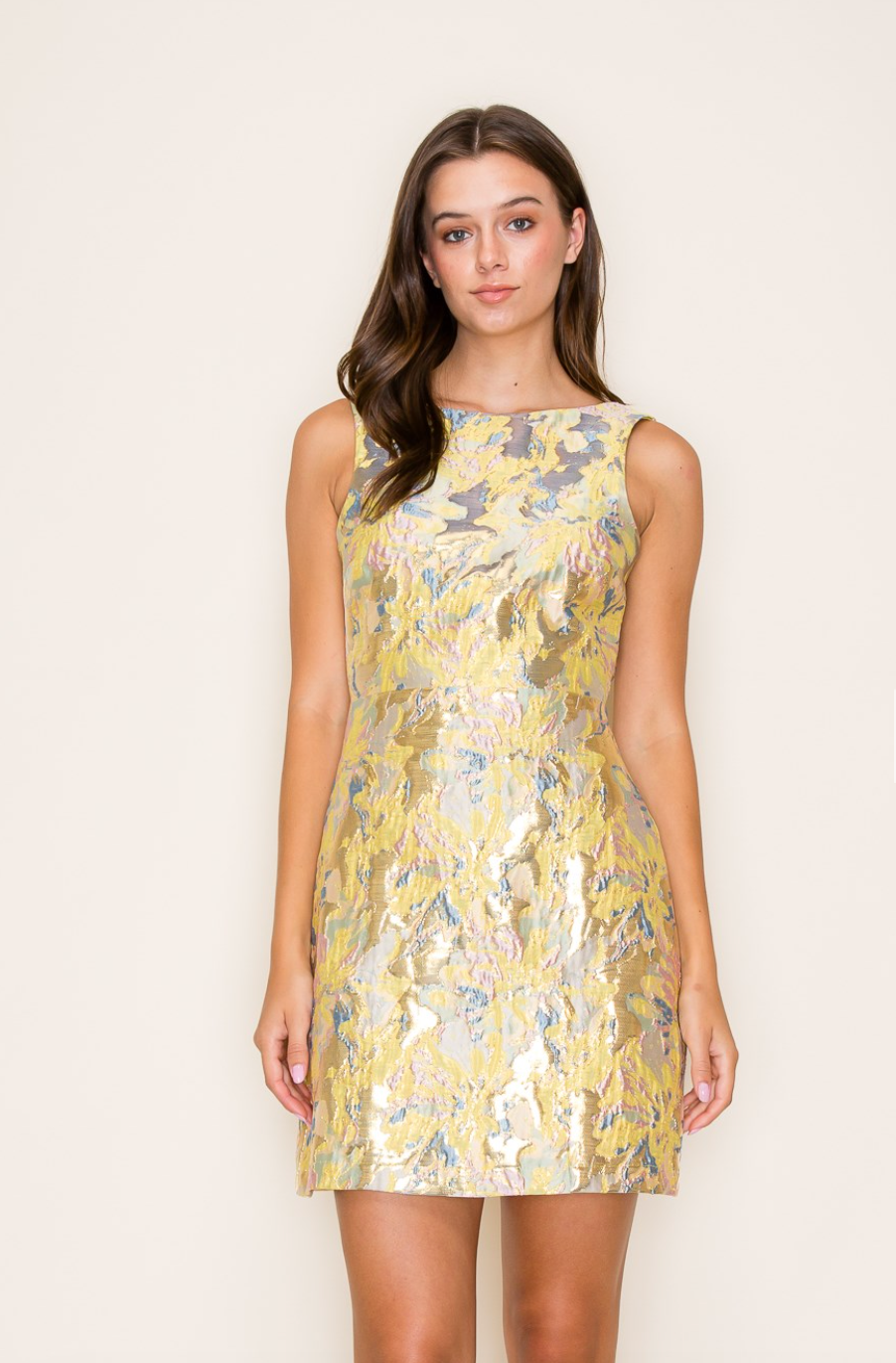 Deep V-Neck Back Jacquared Flare Mini Dress