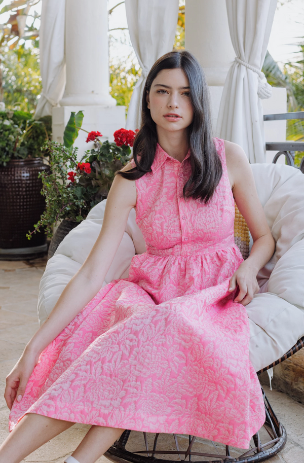 Vivid Jacquard Long Dress with Chic Collar Detail