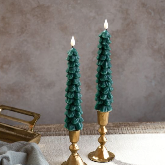S/2 LED GREEN TREE TAPER CANDLES