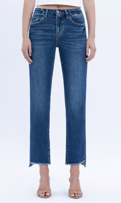High Rise Raw Slant Hem Slim Straight Jeans