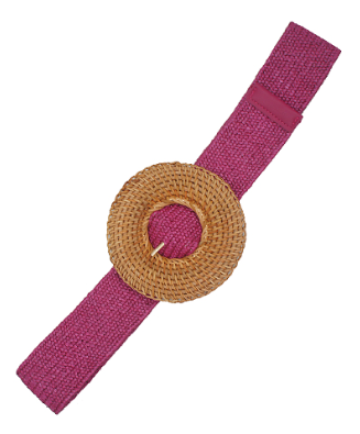 Magenta Basket Weave Circle Buckle Straw Belt