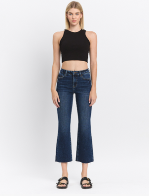 High Rise Clean Cut Raw Hem Kick Flare Jeans