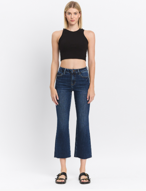 High Rise Clean Cut Raw Hem Kick Flare Jeans