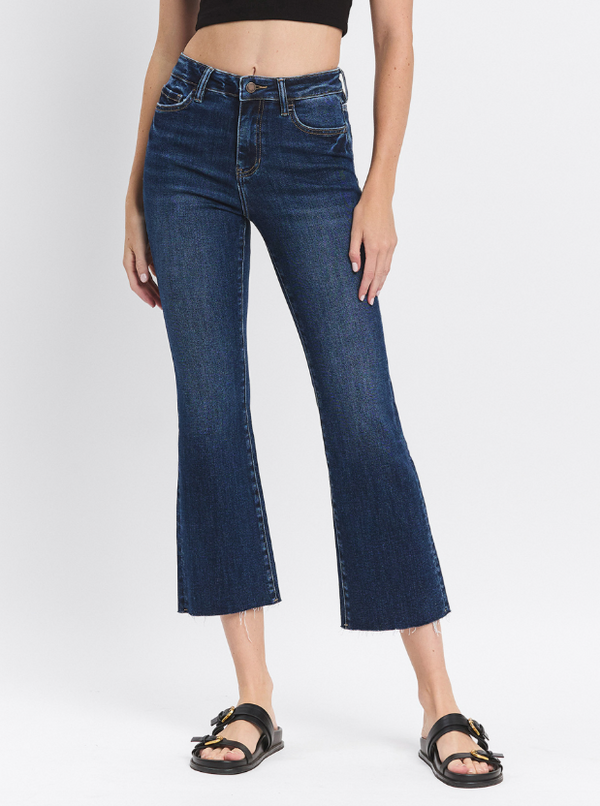 High Rise Clean Cut Raw Hem Kick Flare Jeans