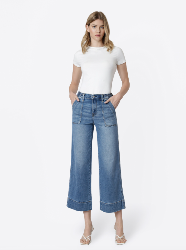 High Rise Elastic Waistband Wide Leg Jeans