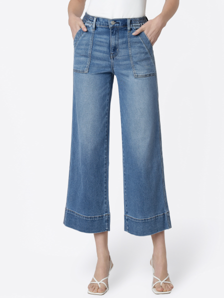 High Rise Elastic Waistband Wide Leg Jeans