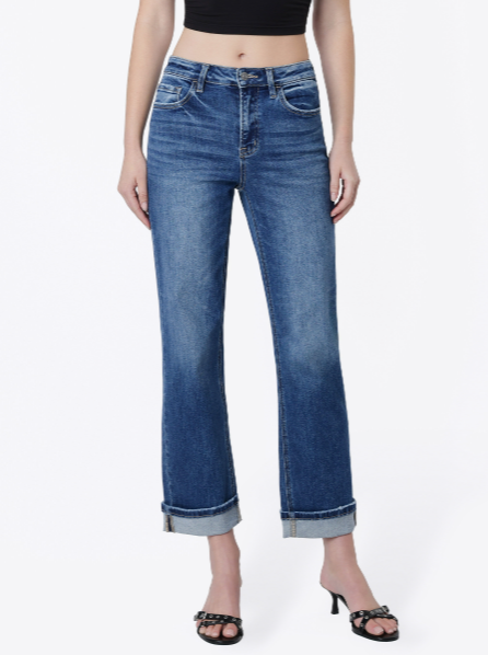 High Rise Dark Wash Cuffed Crop Straight Jeans