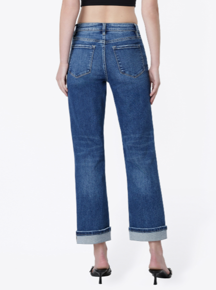 High Rise Dark Wash Cuffed Crop Straight Jeans