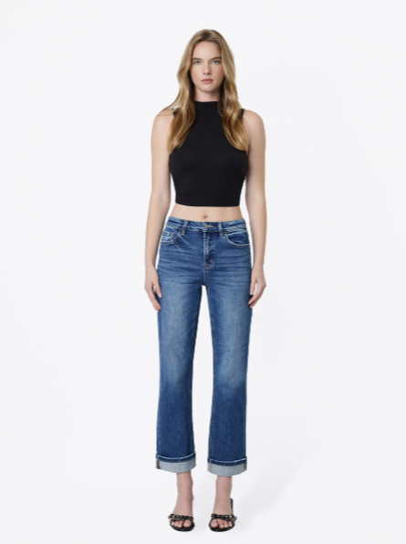 High Rise Dark Wash Cuffed Crop Straight Jeans
