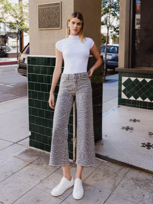 High Rise Grey Leopard Print Crop Wide Leg Jeans