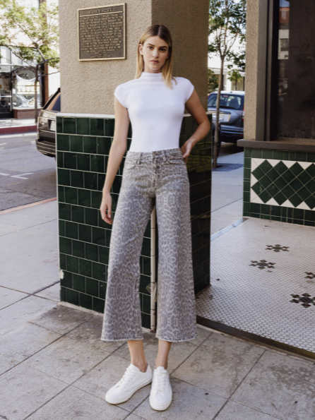 High Rise Grey Leopard Print Crop Wide Leg Jeans