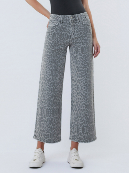 High Rise Grey Leopard Print Crop Wide Leg Jeans