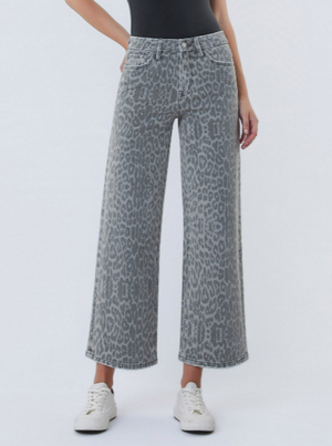 High Rise Grey Leopard Print Crop Wide Leg Jeans