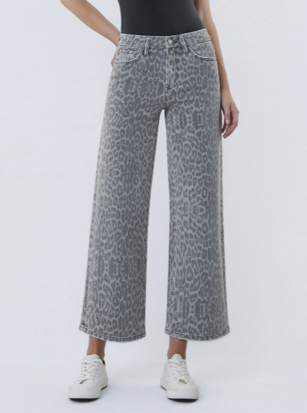 High Rise Grey Leopard Print Crop Wide Leg Jeans