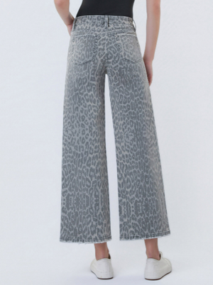High Rise Grey Leopard Print Crop Wide Leg Jeans