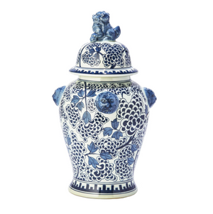 Blue and White Peony Flower Temple Jar