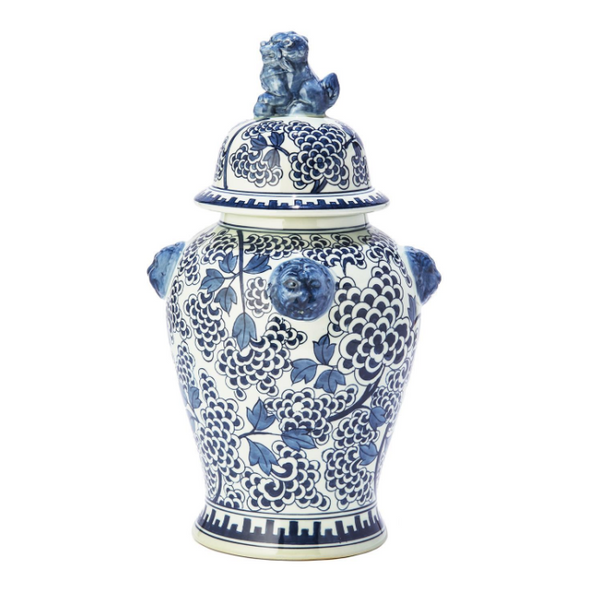Blue and White Peony Flower Temple Jar