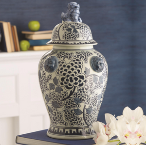 Blue and White Peony Flower Temple Jar