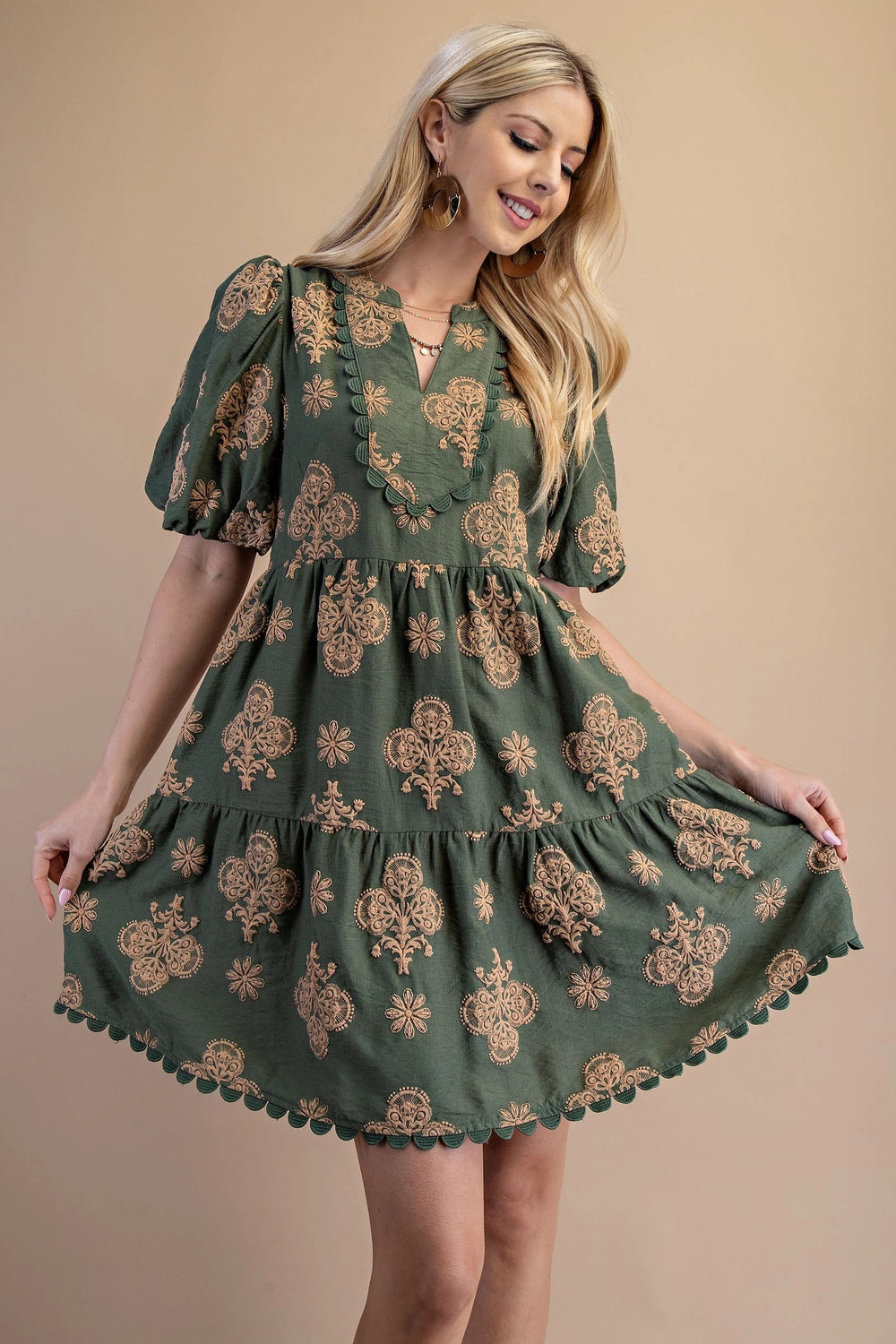 Puff Printed Tiered & Trim Mini Dress