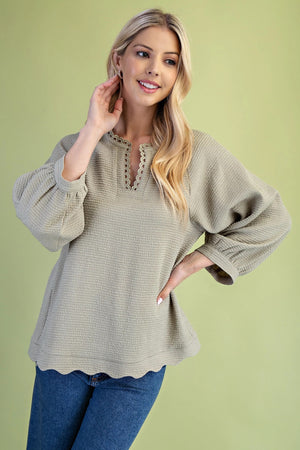 Textured Long Sleeve Scalloped Top