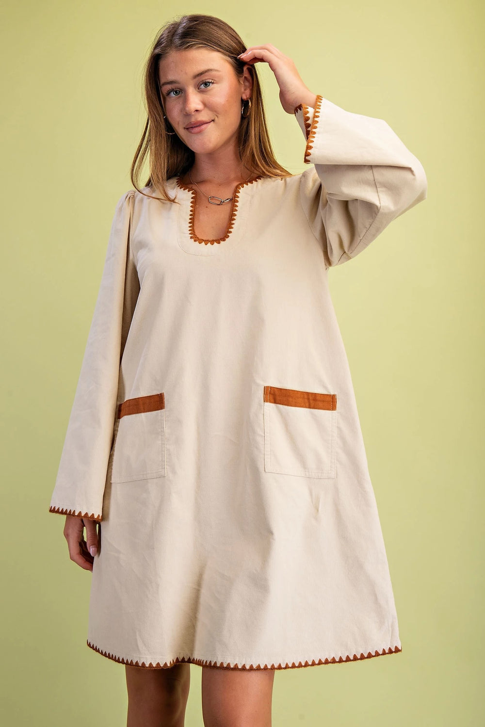 Corduroy U-Neck Dress with Stitching
