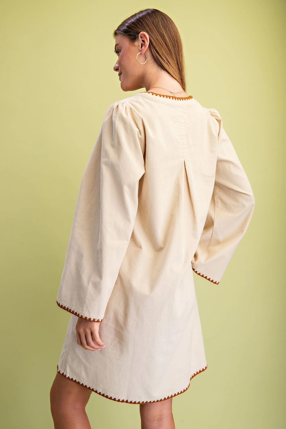 Corduroy U-Neck Dress with Stitching