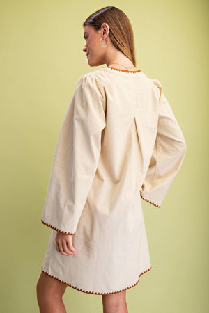 Corduroy U-Neck Dress with Stitching