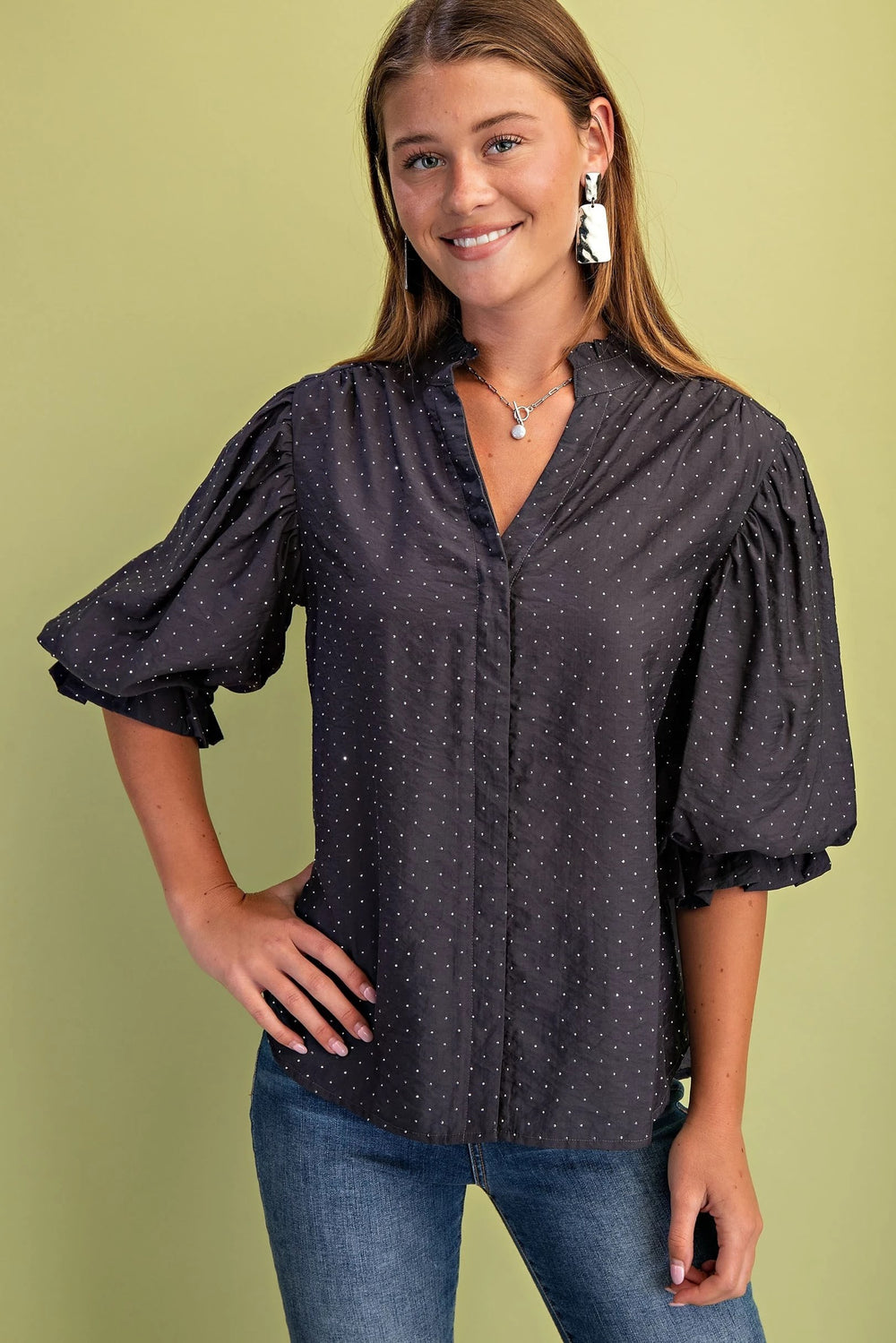 Balloon Sleeve Blouse with Rhinestone Embellishments