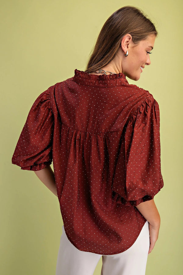 Balloon Sleeve Blouse with Rhinestone Embellishments