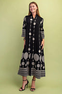 Button Down Metallic Embroidery Midi Dress